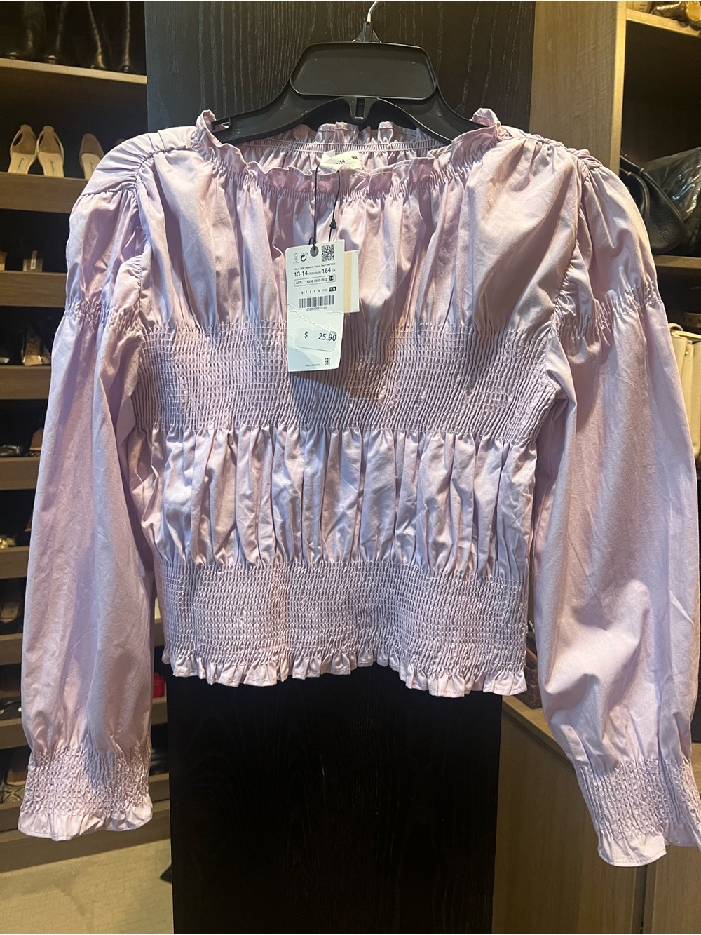 NWT Zara Kids Pretty Cotton Lavender Smocked Long-Sleeve Blouse Sz 13-14